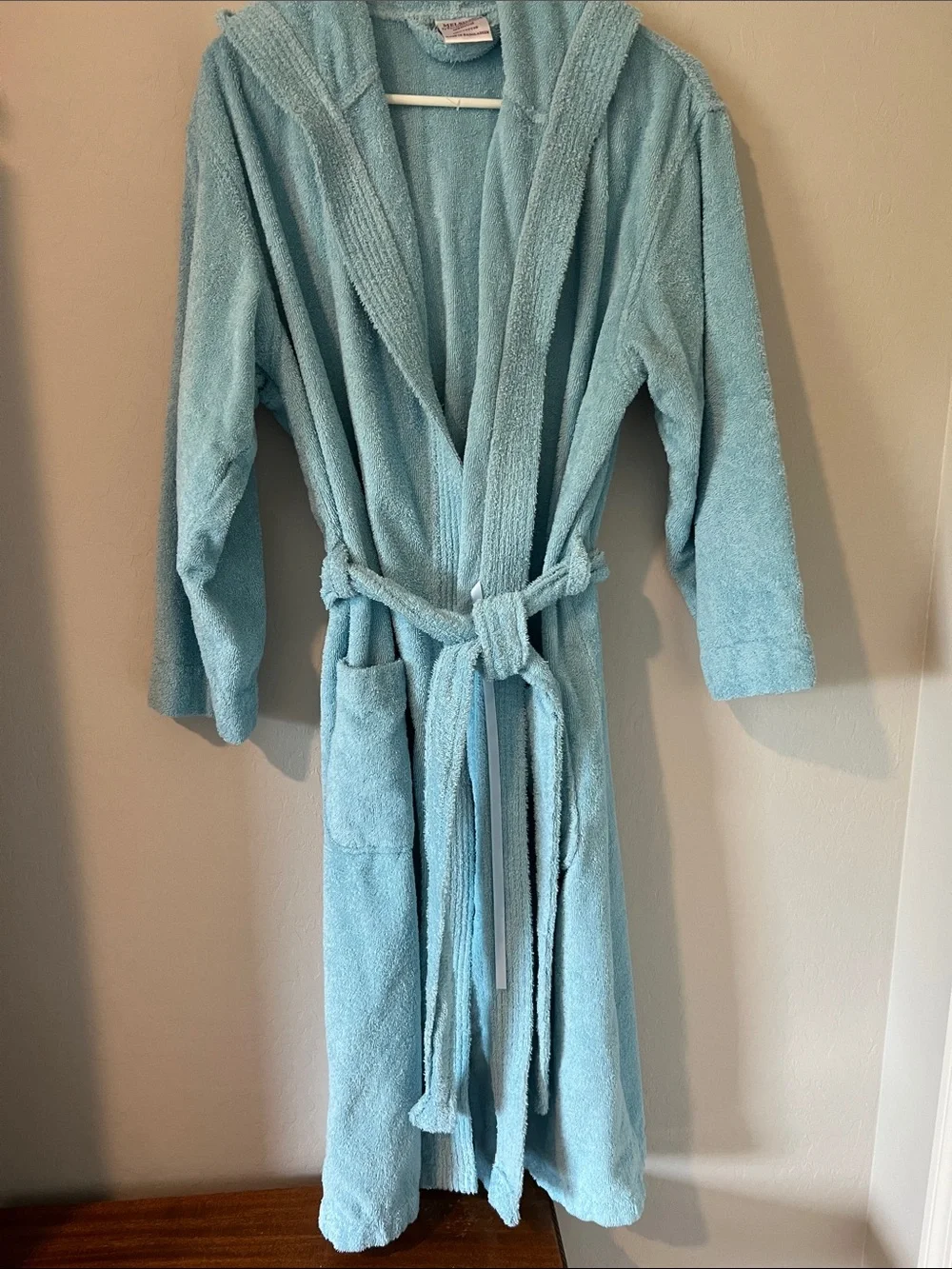 Cozy Hooded Thick Terry Cloth Bathrobe in Light Blue M